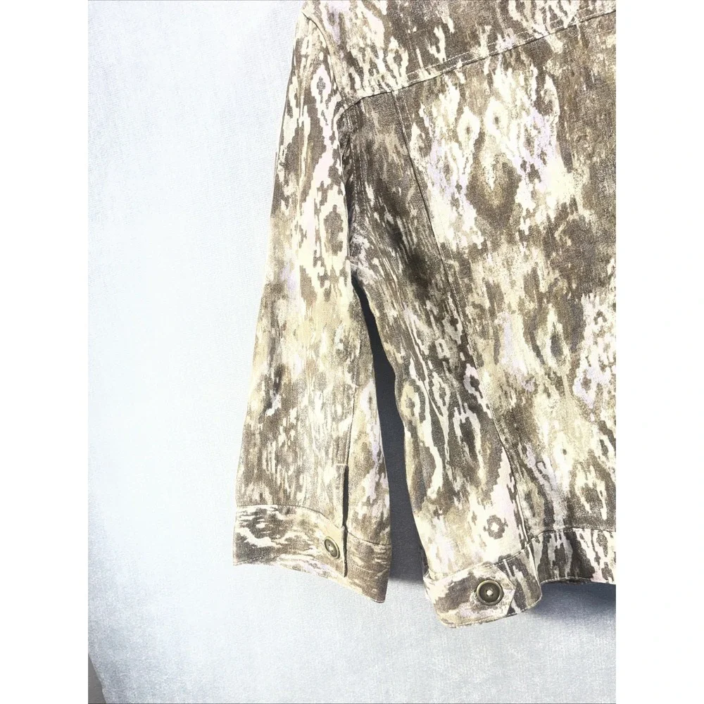 CHICO'S 3/4 Sleeve Jacket Brown Beige Print Linen Blend Size 1 NWT